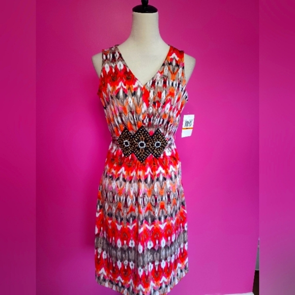 Nina Leonard Orange Multicolor Beaded Summer Dress (Size Small) (NWT!) - Picture 1 of 9